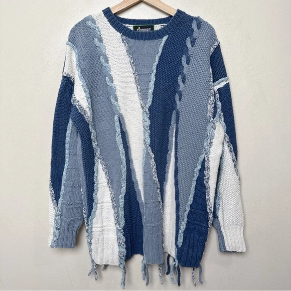 Funsport Womens Large Chunky Blue White Color Mix Ramie Sweater - Picture 4 of 16